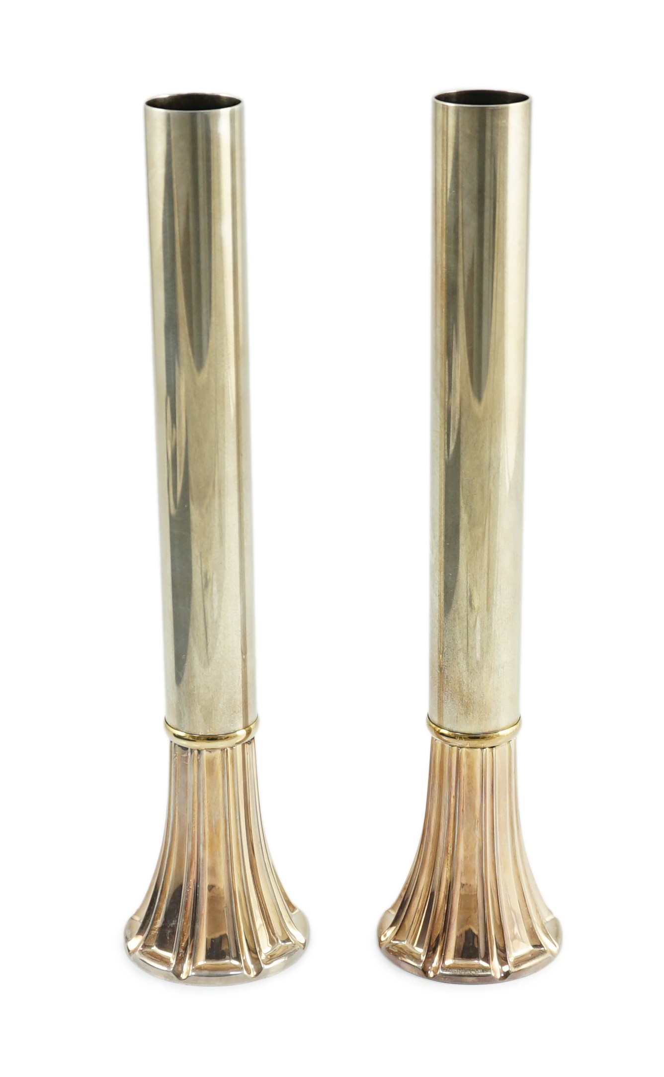 A modern pair of French parcel gilt 925 silver cylindrical flower holders, by Tabbah, Paris